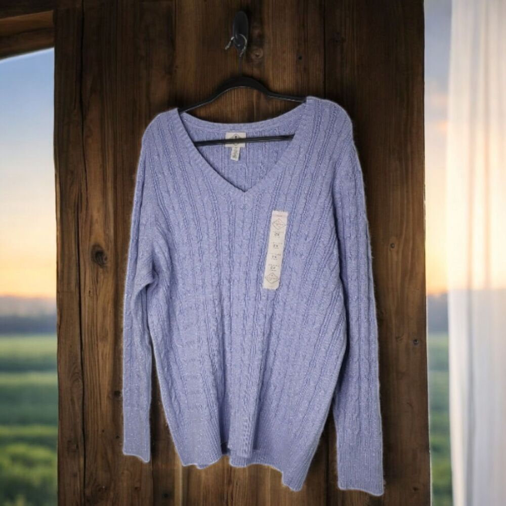 NEW Sweet Purple Silver St Johns Bay Classic Cable V Neck Pullover Sweater Sz 2X